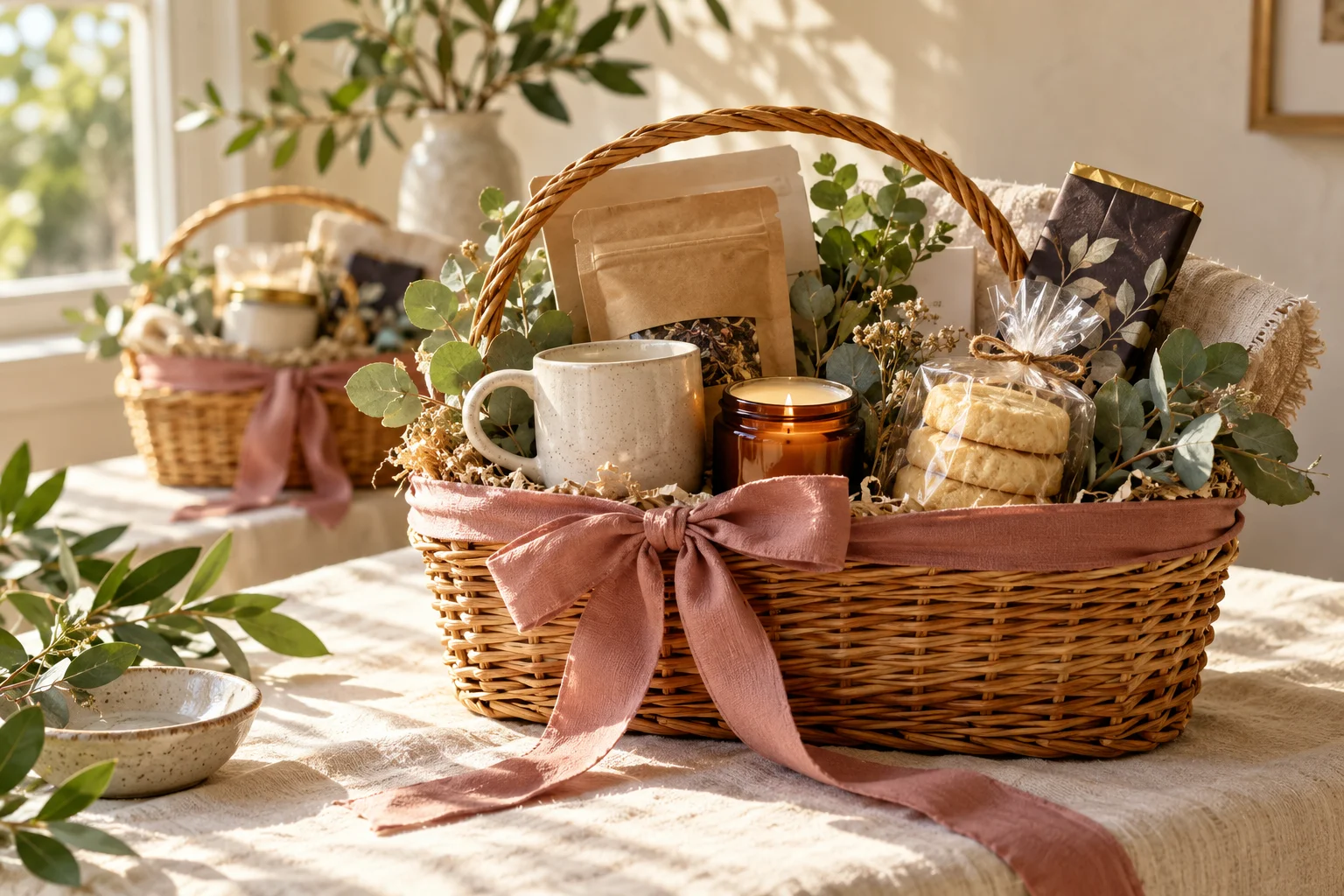 A wicker gift basket filled with treats, a ceramic mug, and soft pink ribbon in warm afternoon light